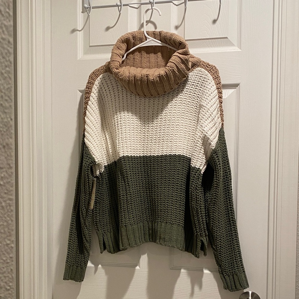 It's Our Time Tan, Cream, and Green Turtleneck Sweater